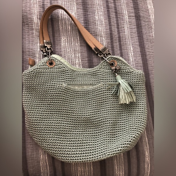 EUC The Sak Indio Boho Sage Green Crochet Satchel Bag - Picture 1 of 11